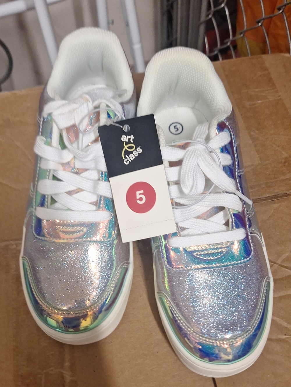Art Class Kids Iridescent Glitter Sneakers - Size 5 - Silver/Holographic